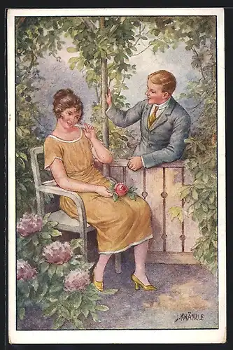 Künstler-AK Kränzle: Junges Paar trifft sich im Garten