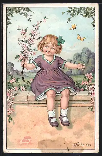Künstler-AK Kränzle: Mädchen mit blühendem Zweig lächelt glücklich