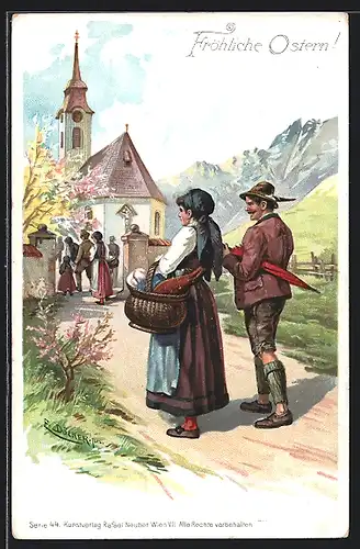 Künstler-Lithographie E. Döcker: Paar bei Kirchgang