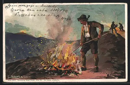 Künstler-Lithographie E. Döcker: Sommersonnwendfeuer