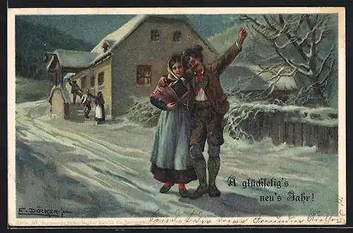 Künstler-AK E. Döcker: Neujahrsglückwünsche Fröhliche Leute in Winternacht