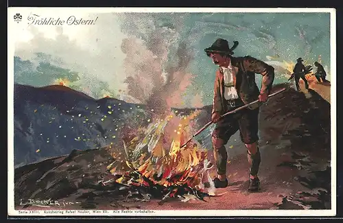 Künstler-Lithographie E. Döcker: Sommersonnwendfeuer