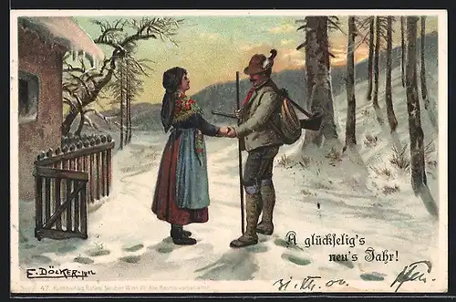 Künstler-AK E. Döcker: Jäger verabschiedet sich von der Frau