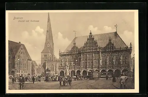 AK Bremen, Markt mit Strassenbahn vor dem Rathaus