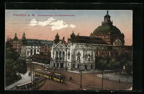 AK Frankfurt a. M., Schauspielhaus und Märchenbrunnen, Strassenbahn