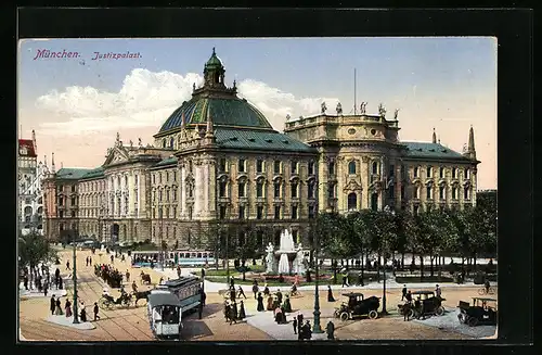 AK München, Strassenbahnen vor dem Justitzpalast