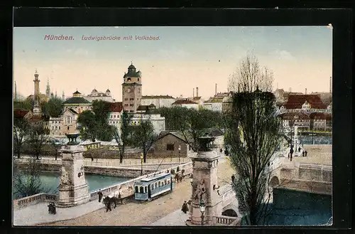 AK München, Ludwigsbrücke mit Volksbad, Strassenbahn