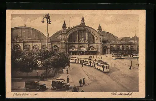 AK Frankfurt a. M., Hauptbahnhof mit Strassenbahnen aus der Vogelschau