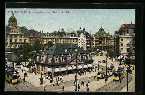 AK Frankfurt a. M., Cafe Hauptwache mit Strassenbahnen aus der Vogelschau