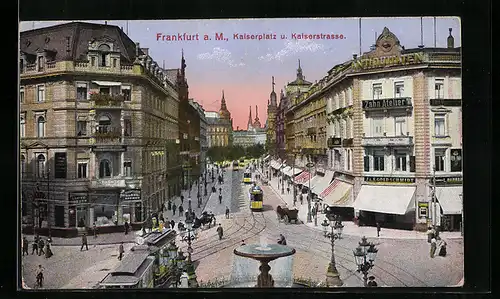 AK Frankfurt a. M., Kaiserplatz und Kaiserstrasse mit Strassenbahn