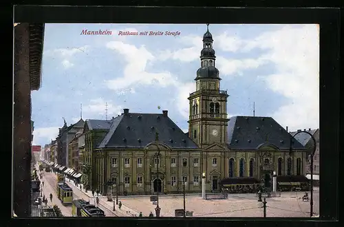 AK Mannheim, Rathaus mit Breite Strasse und Strassenbahnen