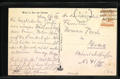 AK Wien, Kai mit Strassenbahn und Urania aus der Vogelschau