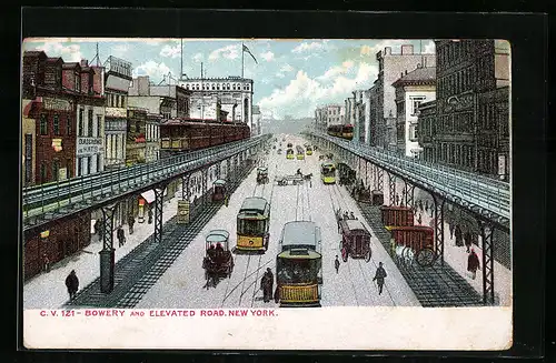 AK New York, Bowery and Elevated Road, Strassenbahnen