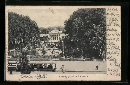 AK Wiesbaden, Bowling green und Kurhaus, Strassenbahn