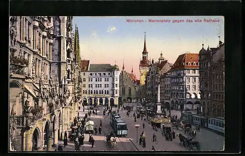 AK München, Marienplatz mit Strassenbahnen und Kutschen