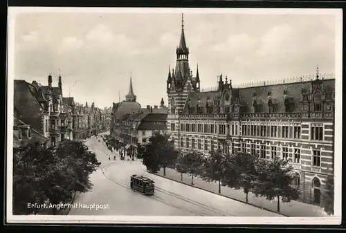 AK Erfurt, Anger mit Hauptpost und Strassenbahn