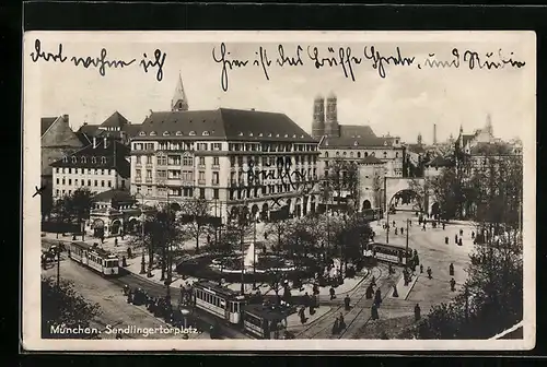 AK München, Sendlingertorplatz mit Strassenbahnen aus der Vogelschau