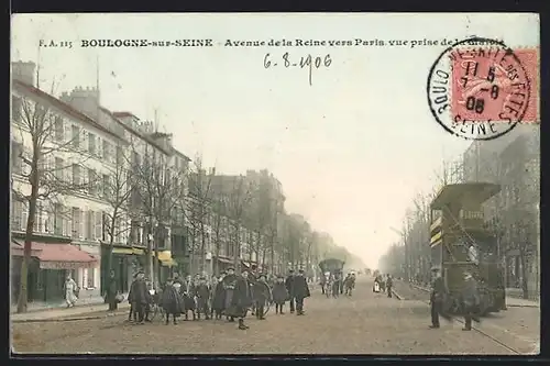 AK Boulogne-sur-Seine, Avenue de la Reine vers Paris vue prise, Strassenbahn