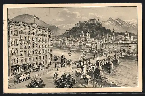 Künstler-AK Salzburg, Hotel zum Stein und Strassenbahn