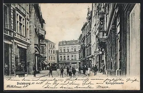 AK Duisburg, Knüppelmarkt mit Cafe und Strassenbahn