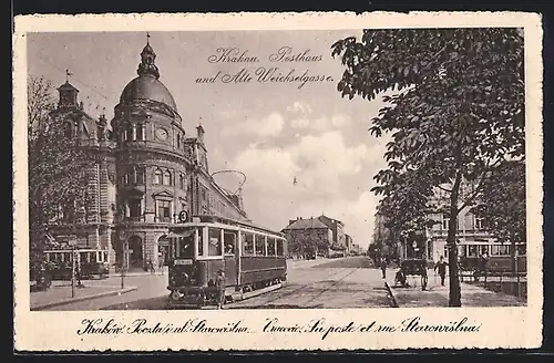 AK Krakau, Posthaus und Strasse Alte Weichselgasse, Strassenbahn
