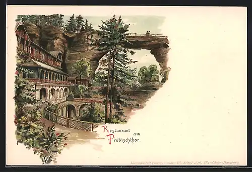 Lithographie Prebischthor, Restaurant an der Felsformation