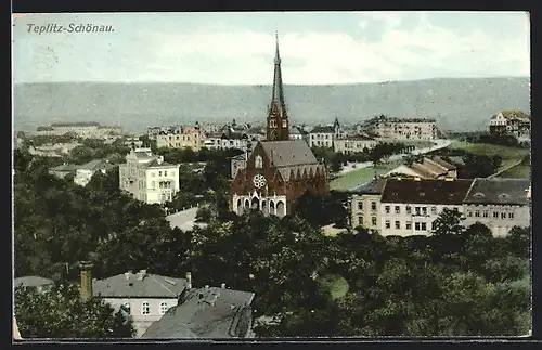 AK Teplitz-Schönau, Ortspartie mit Kirche