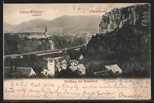 AK Tetschen-Bodenbach / Decin, Schloss Tetschen, Rothberg bei Bodenbach, Gebirge Schäferwand, Ortsansicht