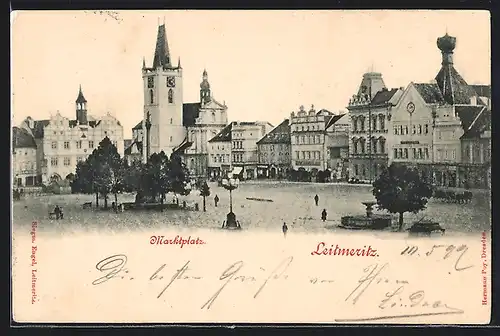 AK Leitmeritz / Litomerice, Marktplatz mit Geschäften und Brunnen