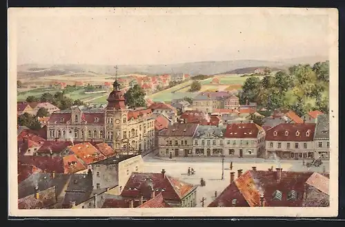 Künstler-AK Schluckenau, Blick vom Kirchturm auf den Ort
