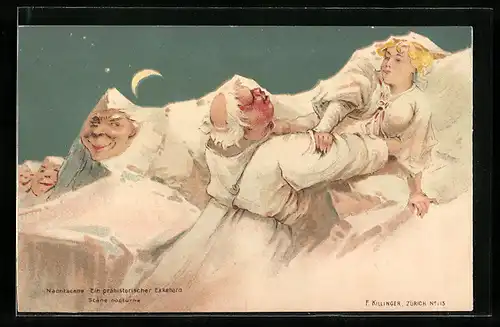 Lithographie Vermenschlichte Berge, Eiger, Möchn und Jungfrau, Nachtscene, Ein prähistorischer Ekkehard, Berggesichter