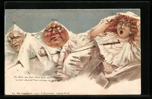 AK Eiger, Mönch und Jungfrau als vermenschlichte Berge, Bergbahn, traurige Gesichter, Berggesichter