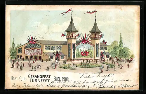 Lithographie Biel, Bern Kant.Gesangs- u. Turnfest 1902, Festhalle