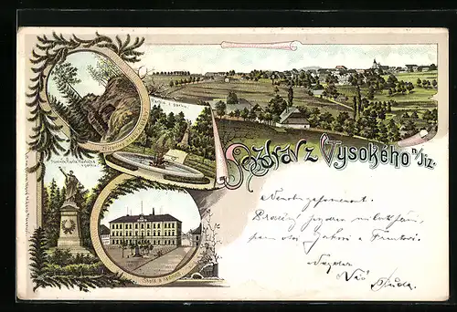 Lithographie Vysoke n. Jiz, Partie z parku, Skola a radnice, Zriceniny hradu Nistejky