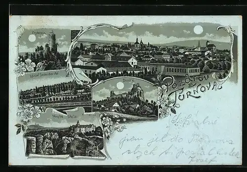 Lithographie Turnau / Turnov, Frydstein, Lázne Sedmirhorske, Panorama