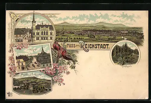 Lithographie Reichstadt, Gesamtansicht, Schlossgasse, Postgasse