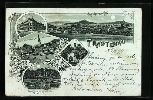 Mondschein-Lithographie Trautenau, Turnhalle, Historische Kapelle, Ringplatz mit Blick auf die Schneekoppe