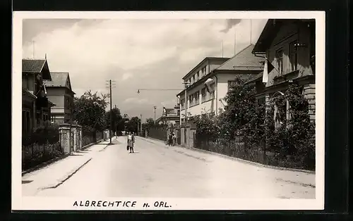 AK Albrechtice n. /Orl., Ortspartie mit Passanten und Wohnhäusern