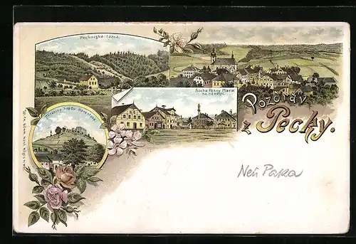 AK Pecka, Socha Panny Marie na namesti, Zriceniny hradu Harantova