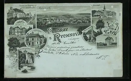 Lithographie Rychnov n. Kneznou, Celkovy Pohled, Kostel sv. Trojice a.c.k. gymnasium, Restaurace, Nova Villa