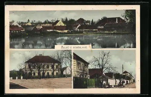AK Zelec u Sobeslave, Flusspartie, Passanten vor Wohngebäuden