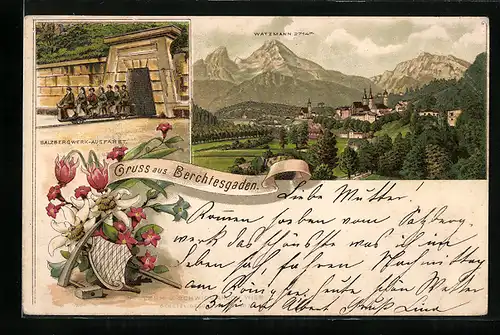 Vorläufer-Lithographie Berchtesgaden, 1892, Gesamtansicht mit Watzmann, Salzbergwerk-Ausfahrt