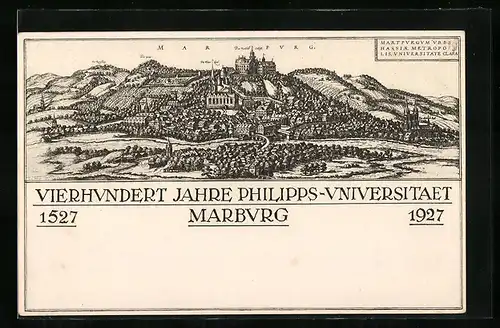 Künstler-AK Marburg, Ortsansicht, Vierhundert Jahre Philipps-Universität 1527-1927, Ganzsache