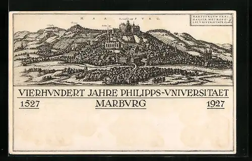 Künstler-AK Marburg, Ortsansicht, Vierhundert Jahre Philipps-Universität 1527-1927, Ganzsache 5 Pf.