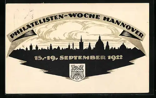 Künstler-AK Hannover, Philatelisten-Woche 1922, Stadtpanorama im Scherenschnitt, Ganzsache