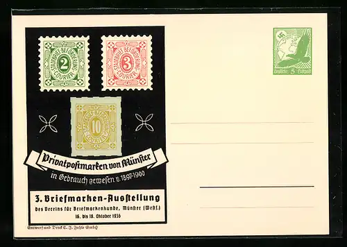 AK Münster i. W., Privatpostmarken von Münster, 3. Briefmarken-Ausstellung 1936, Ganzsache