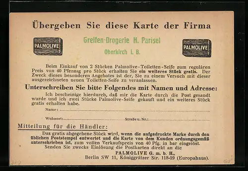 AK Reklame für Palmolive Seife, Ganzsache