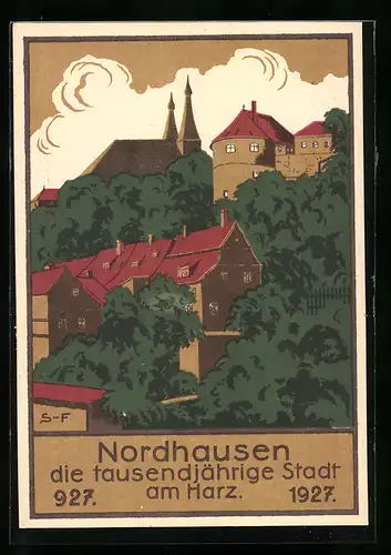 Künstler-AK Nordhausen /Harz, Jahrtausendfeier 1927, Ortsansicht, Ganzsache