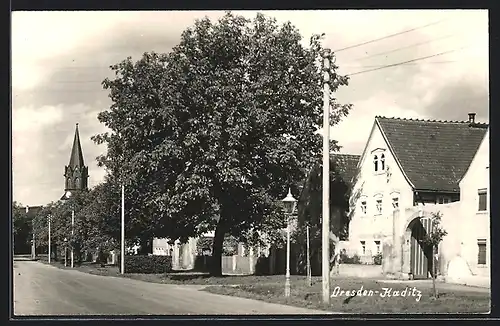 AK Dresden-Kaditz, Strassenpartie mit Blick zur Kirche