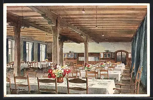 Künstler-AK Edward Harrison Compton: Elmau, Schloss Elmau, Speisesaal, Innenansicht